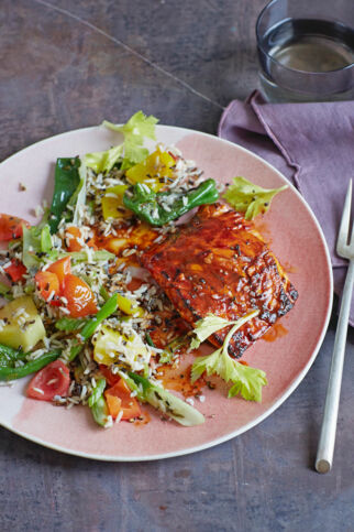 Kreolischer Lachs mit buntem Gemüse-Wildreis Kreolischer Lachs mit buntem Gemüse-Wildreis