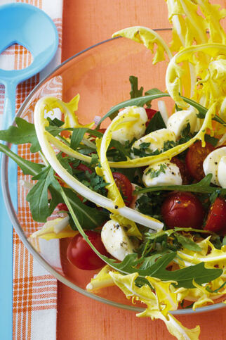 Löwenzahn mit Mozzarella und Kirschtomaten Löwenzahn mit Mozzarella und Kirschtomaten