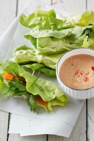Vietnamesische Salatröllchen mit scharfer Erdnusssauce Vietnamesische Salatröllchen mit scharfer Erdnusssauce