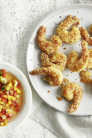 Gebackene Garnelen auf Mangosalsa Gebackene Garnelen auf Mangosalsa