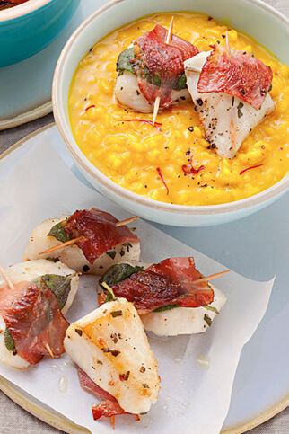 Seelachs-Saltimbocca mit Safran-Risotto Seelachs-Saltimbocca mit Safran-Risotto
