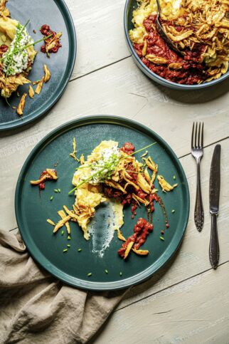 Pulled Kr&auml;uterseitlinge mit BBQ-Sauce und Spitzkohl-Kartoffelstampf