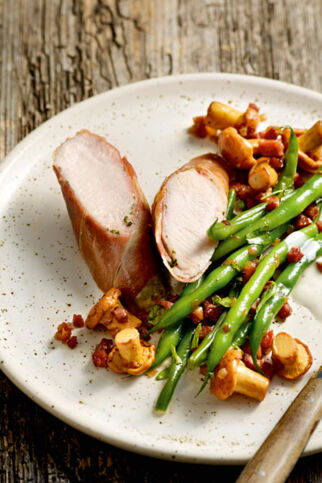 Kaninchenrückenfilets mit Pfifferling-Bohnen-Gemüse Kaninchenrückenfilets mit Pfifferling-Bohnen-Gemüse