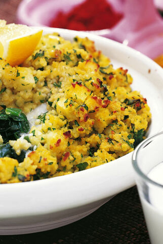 Fisch-Spinat-Gratin mit Couscoushaube 