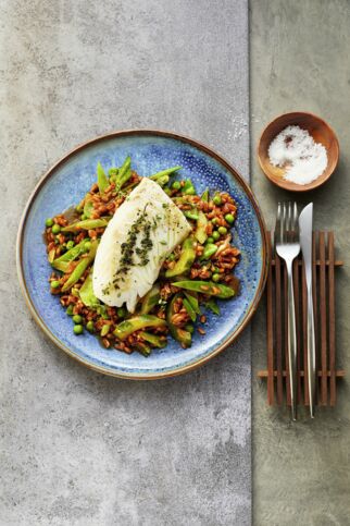 Kabeljau mit Gemüsedinkel Kabeljau mit Gemüsedinkel