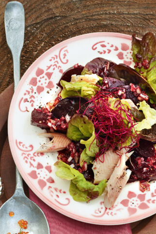 Blattsalat mit Roter Bete und Räucherforelle