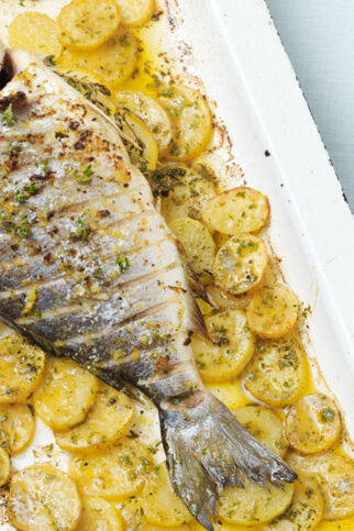 Doraden vom Blech auf Kartoffelscheiben Doraden vom Blech auf Kartoffelscheiben