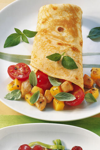 Pfannkuchen mit Mango-Huhn