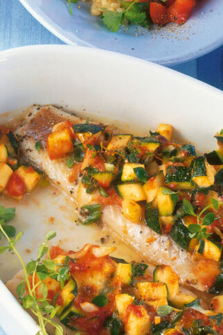 Seelachsfilet mit Gemüse-Käse-Kruste Seelachsfilet mit Gemüse-Käse-Kruste