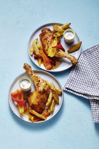 Hähnchenschenkel mit Kartoffeln und Paprika vom Blech Hähnchenschenkel mit Kartoffeln und Paprika vom Blech