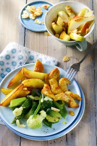 Curryhähnchen mit Gemüse und Kartoffel-Wedges