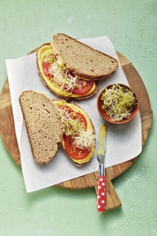 Tomaten-Sandwich mit selbst gemachtem Hummus
