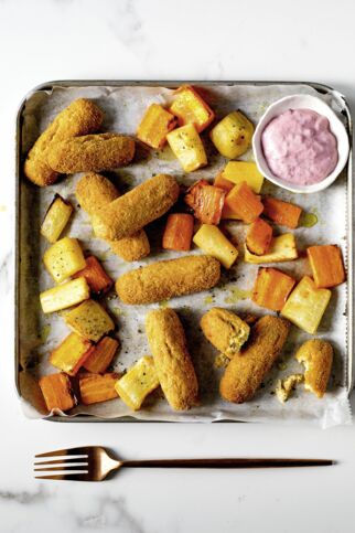 Tofu-Kroketten mit Wurzelgemüse und Sauerkirsch-Dip