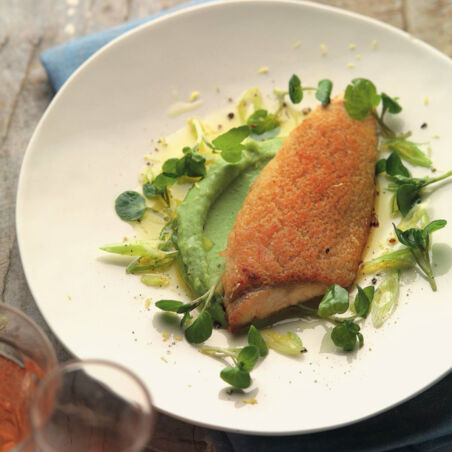 Saibling mit Krenkruste auf Brunnenkressepüree Saibling mit Krenkruste auf Brunnenkressepüree