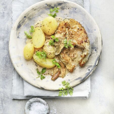 Schellfisch mit Steinpilz-Senf-Sauce Schellfisch mit Steinpilz-Senf-Sauce