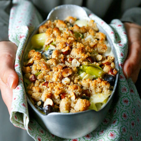 Lauchcrumble mit Backpflaumen Lauchcrumble mit Backpflaumen