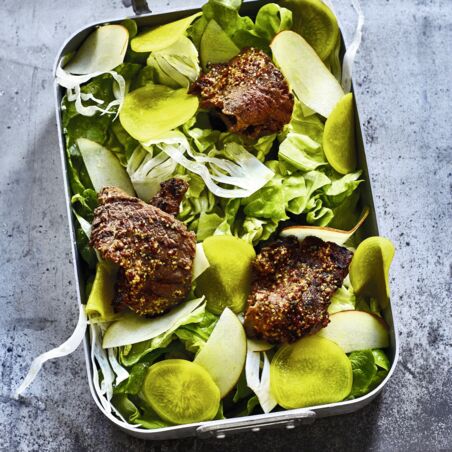 Topinambur mit Ziegenkäse Rinderfilet Senf-Fenchel