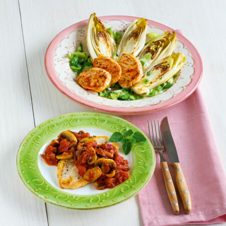 Paprika-Medaillons mit gebratenem Chicorée Paprika-Medaillons mit gebratenem Chicorée