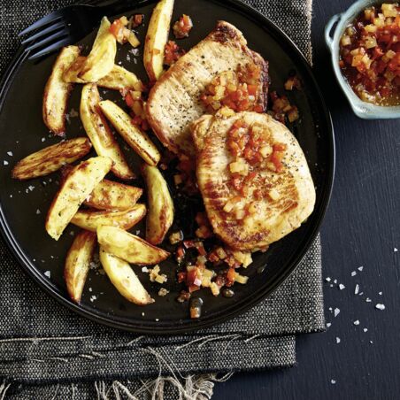 Minutensteaks mit Paprika-Birnen-Chutney Minutensteaks mit Paprika-Birnen-Chutney