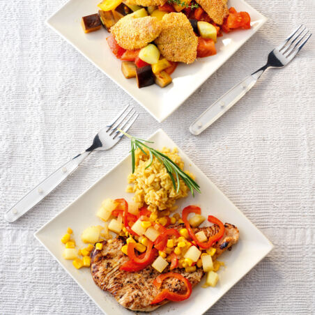 Sommergemüse auf Putenschnitzel mit Curryreis Sommergemüse auf Putenschnitzel mit Curryreis
