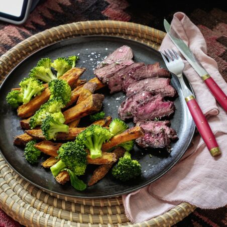 Süßkartoffel-Pommes
mit Rindersteak Süßkartoffel-Pommes
mit Rindersteak