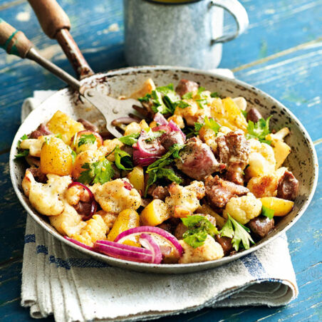 Hühnerherzen-Confit mit Kartoffeln und Rosenkohl Hühnerherzen-Confit mit Kartoffeln und Rosenkohl