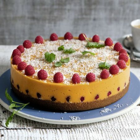 Mango-Papaya-Torte mit Kokos und Himbeeren Mango-Papaya-Torte mit Kokos und Himbeeren