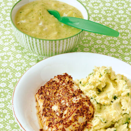 Zucchini-Fisch-Brei fürs Baby, Fischfilet mit Zucchini für die Mutter Zucchini-Fisch-Brei fürs Baby, Fischfilet mit Zucchini für die Mutter