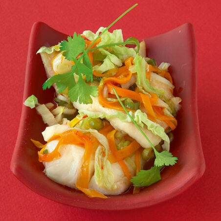 Gedämpftes Pangasiusfilet mit Chinakohl Gedämpftes Pangasiusfilet mit Chinakohl