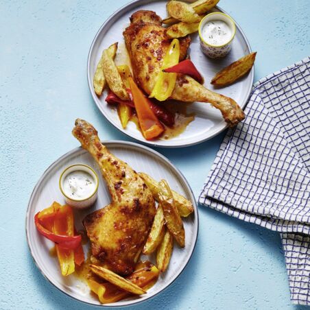 Hähnchenschenkel mit Kartoffeln und Paprika vom Blech Hähnchenschenkel mit Kartoffeln und Paprika vom Blech