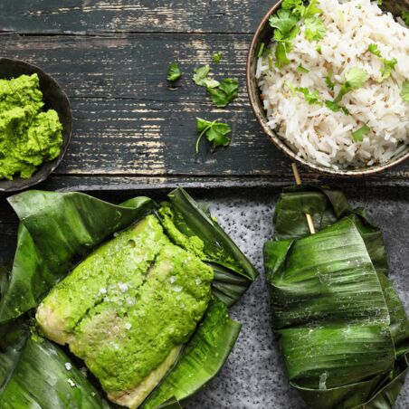 Welsfilet im Bananenblatt Welsfilet im Bananenblatt