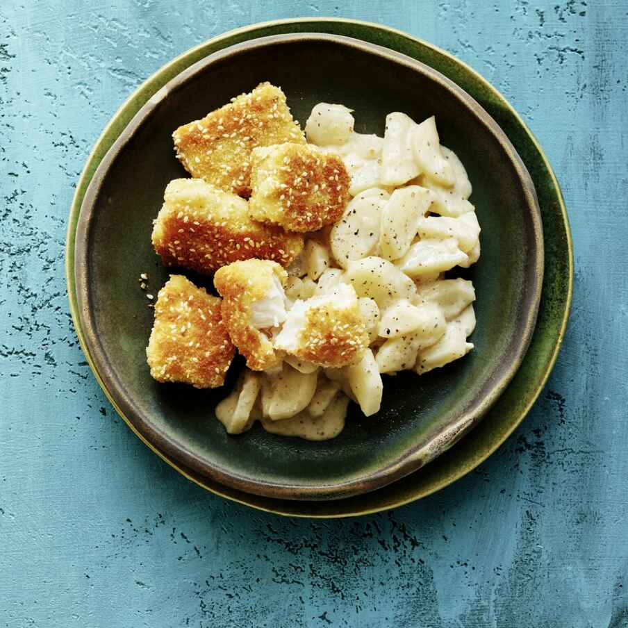 Panierte Fisch-Nuggets mit Topinamburgemüse Rezept | Küchengötter Panierte Fisch-Nuggets mit Topinamburgemüse Rezept | Küchengötter