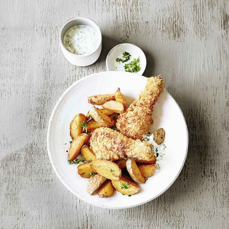 Hähnchenkeulen mit Wedges aus der Heißluftfritteuse Rezept | Küchengötter Hähnchenkeulen mit Wedges aus der Heißluftfritteuse Rezept | Küchengötter