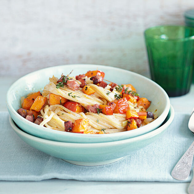 Kurbis Speck Spaghetti Rezept Kuchengotter Pasta Mit Kürbis Und Speck