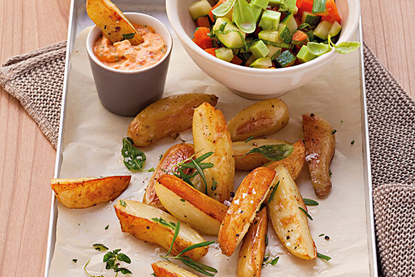 Möhren-Zucchini-Salat mit Kartoffelecken und Cocktailcreme
