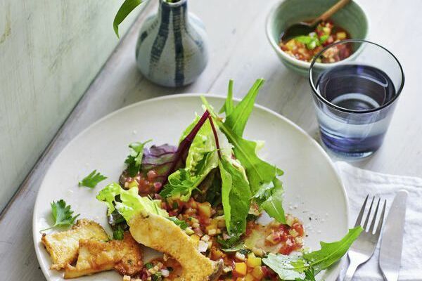 Kräuterseitling-Piccata zu Salat mit Ratatouille-Vinaigrette
