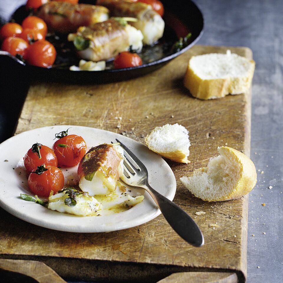 Kabeljau-Saltimbocca mit Tomaten Rezept | Küchengötter Kabeljau-Saltimbocca mit Tomaten Rezept | Küchengötter