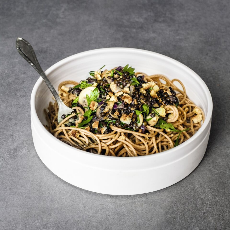 Spaghetti mit Champignons und Linsen Rezept | Küchengötter