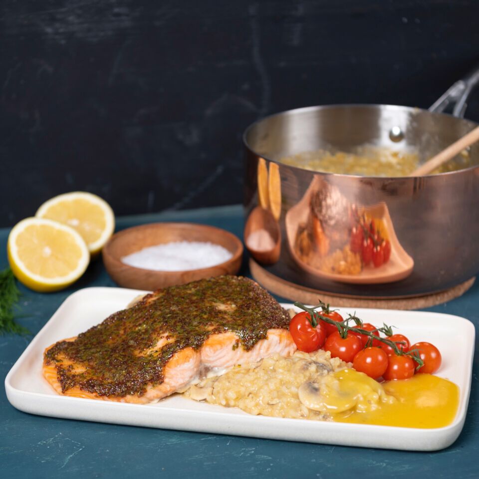 Ofenlachs mit Senf-Honig-Dillmarinade und Zitronen-Champignonrisotto ... Ofenlachs mit Senf-Honig-Dillmarinade und Zitronen-Champignonrisotto ...