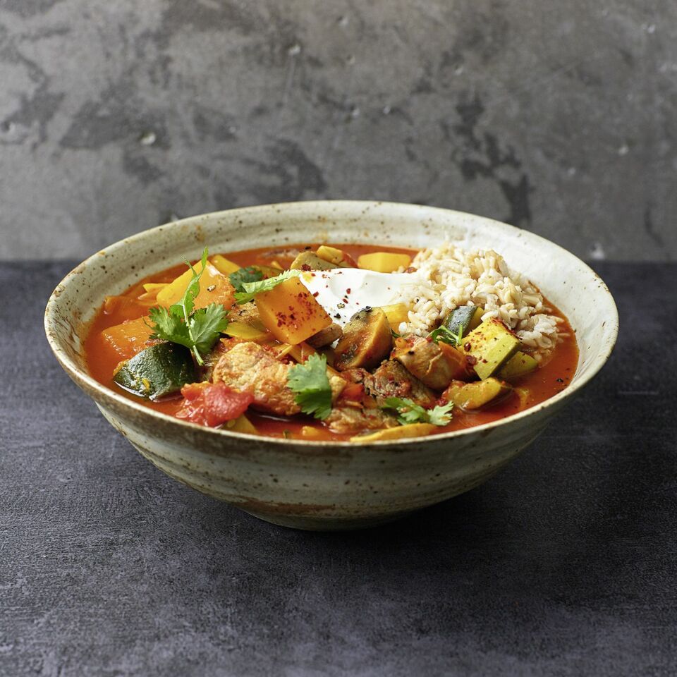Kürbis-Lauch-Curry mit Schweinefilet Rezept | Küchengötter