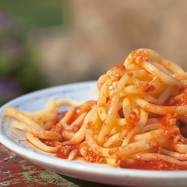 Dicke Spaghett mit Tomaten-Knoblauch-Sauce
