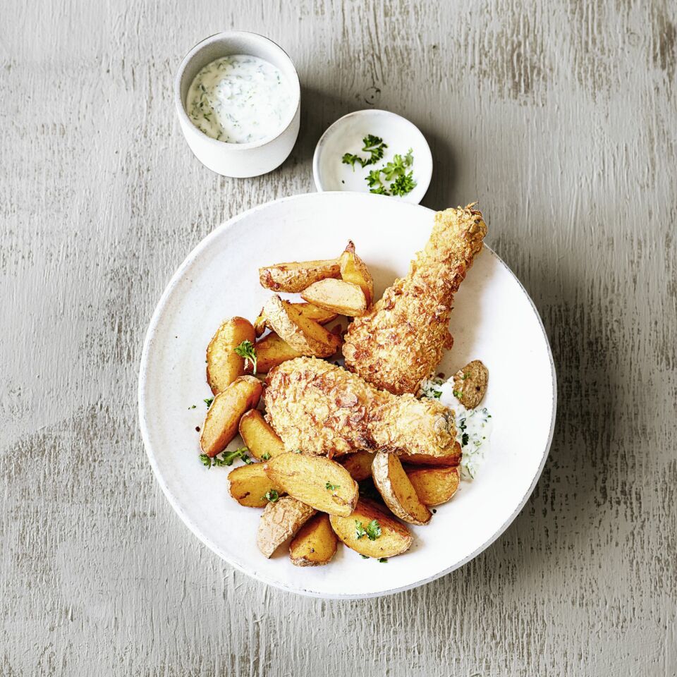 Hähnchenkeulen mit Wedges aus der Heißluftfritteuse Rezept | Küchengötter