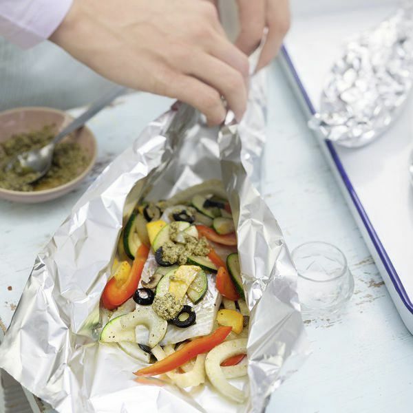 Fischpäckchen mit Bohnenpüree