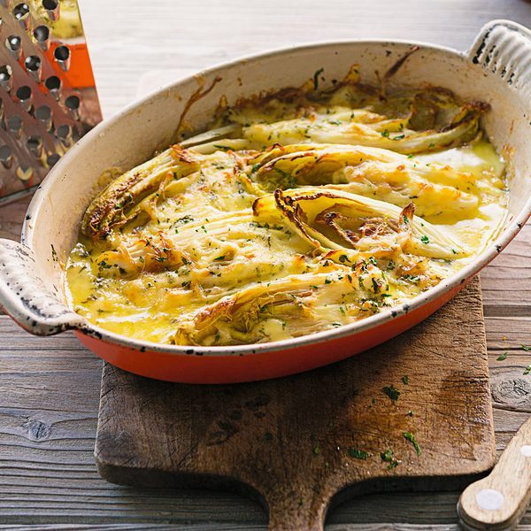 Gratinierter Chicorée in Honigsenf-Sahne