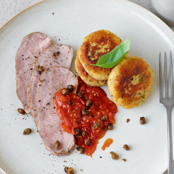 kalbsrucken mit basilikum kartoffel pflanzerln rezept kuchengotter