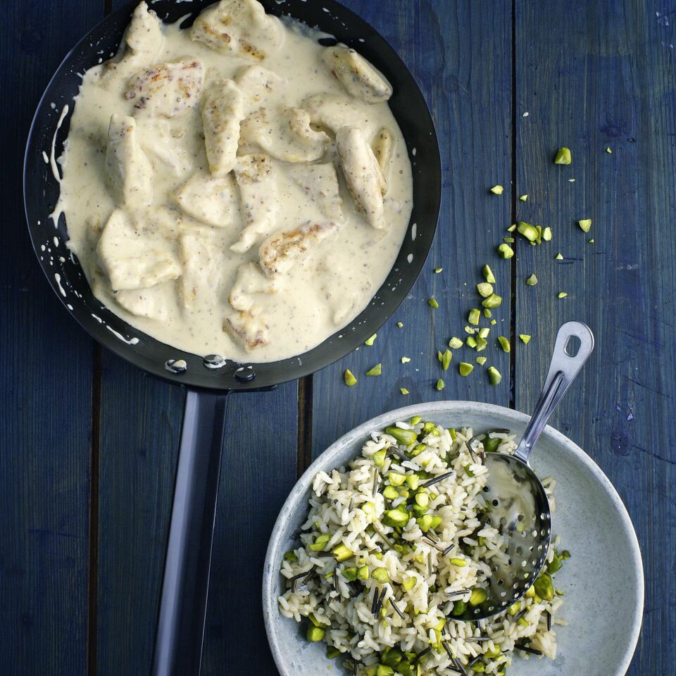 Slow Carb Senf-Hähnchen mit Wildreis und Pistazien | Küchengötter
