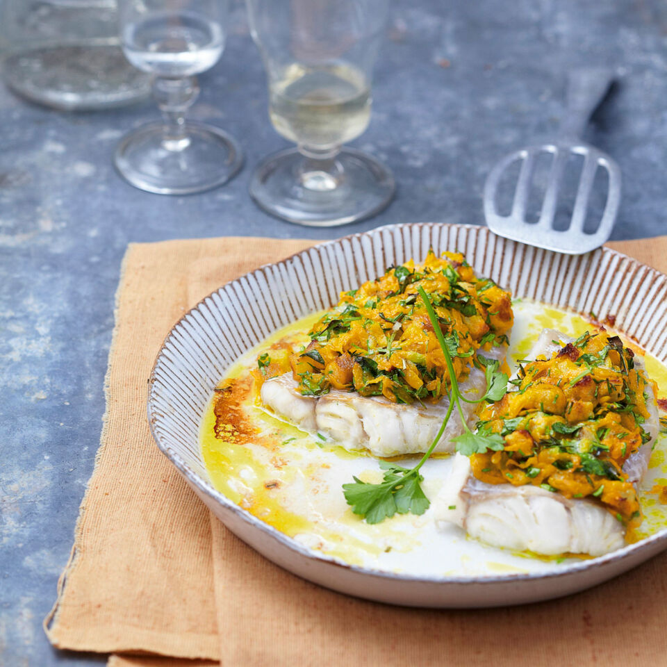 Seelachs Mit Kurbis Kruste Rezept Kuchengotter Seelachs Im Ofen Mit Kruste